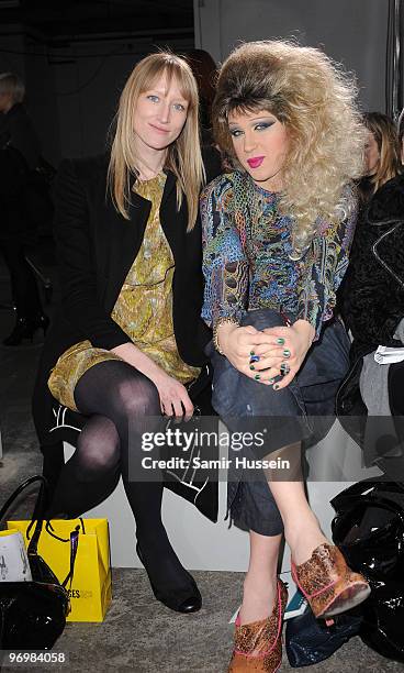 Jade Parfitt and Jodie Harsh attends the Jonathan Saunders London Fashion Week AutumnWinter 2010 show at the Old Truman Brewery on February 23, 2010...