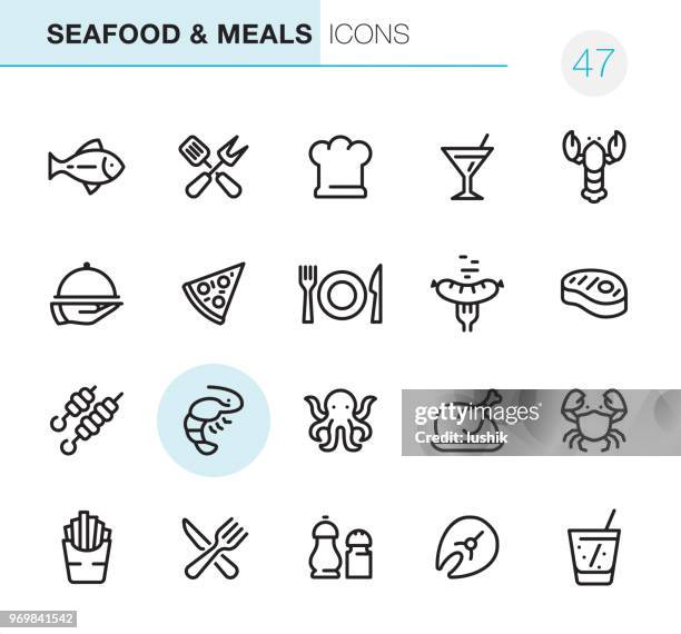 ilustraciones, imágenes clip art, dibujos animados e iconos de stock de pescados y mariscos y comidas - iconos pixel perfect - cortado en filetes