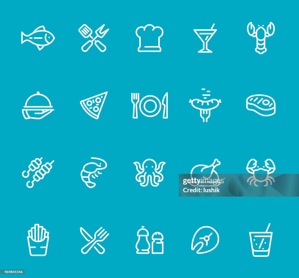 Seafood & Grilled Food - line icon set