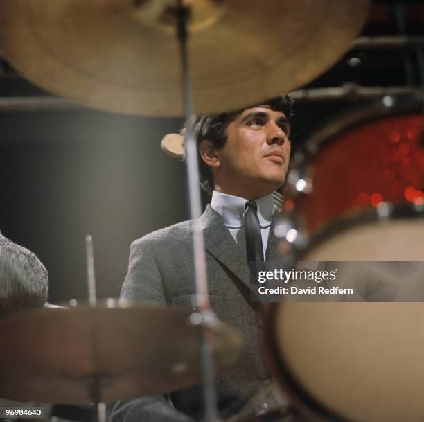 Drummer Dave Clark of the Dave Clark Five performs on 'Ready Steady Go' television show filmed in London, England in 1964