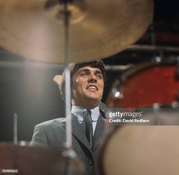 Drummer Dave Clark of the Dave Clark Five performs on 'Ready Steady Go' television show filmed in London, England in 1964