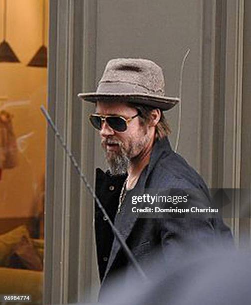 Brad Pitt is seen after he went shopping at Bonpoint shop in Paris on February 23, 2010 in Paris, France