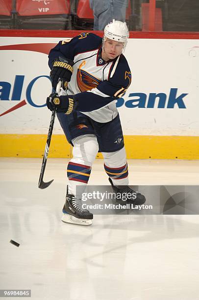 Todd White of the Atlanta Thrashers makes a pass during warm ups of a NHL hockey game against the Washington Capitals on February 5, 2010 at the...