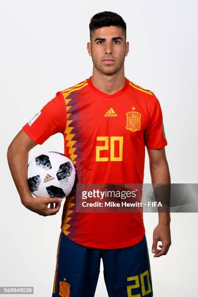 Marco Asensio of Spain poses for a portrait during the official FIFA World Cup 2018 portrait session at FC Krasnodar Academy on June 8, 2018 in...