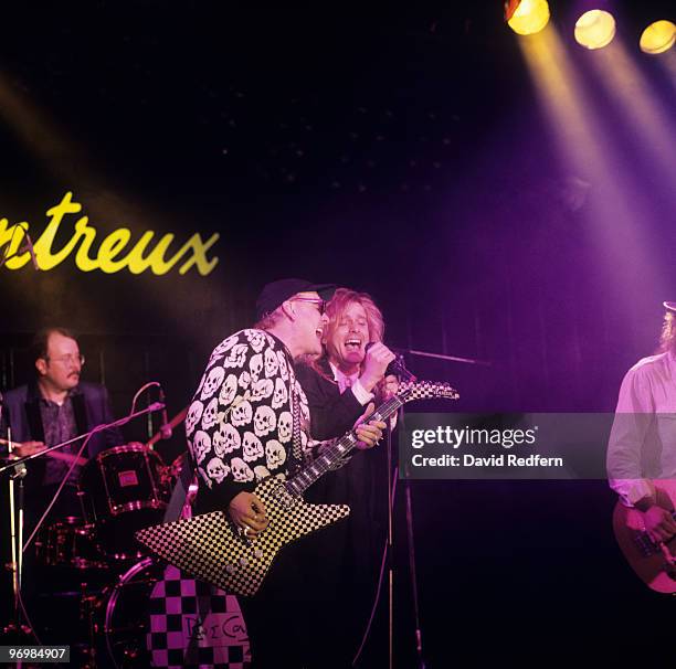 Rick Nielsen and Robin Zander of Cheap Trick perform on stage at the Montreux Rock Festival held in Montreux, Switzerland in May 1988.