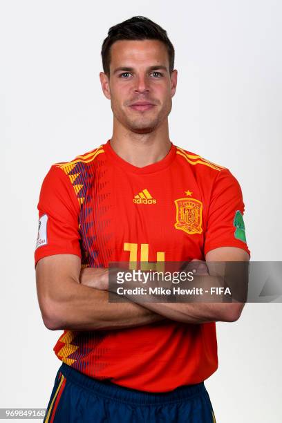 Cesar Azpilicueta of Spain poses for a portrait during the official FIFA World Cup 2018 portrait session at FC Krasnodar Academy on June 8, 2018 in...