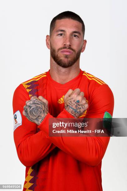 Captain Sergio Ramos of Spain poses for a portrait during the official FIFA World Cup 2018 portrait session at FC Krasnodar Academy on June 8, 2018...