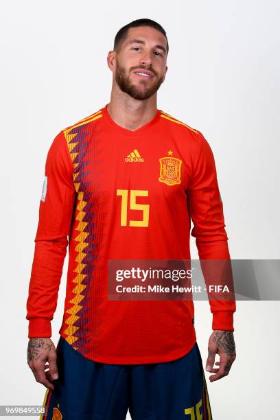 Captain Sergio Ramos of Spain poses for a portrait during the official FIFA World Cup 2018 portrait session at FC Krasnodar Academy on June 8, 2018...