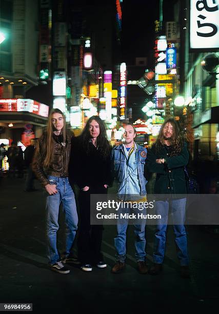 Group portrait of British metal band Cathedral. Left to right are Leo Smee, Lee Dorrian, Garry Jennings and Brian Dixon in Japan in 1996