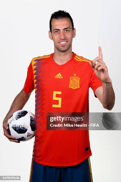 Sergio Busquets of Spain poses for a portrait during the official FIFA World Cup 2018 portrait session at FC Krasnodar Academy on June 8, 2018 in...