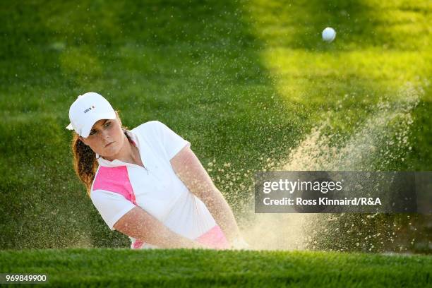 Olivia Mehaffey of Great Britian & Ireland plays a shot from a bunker on the 13th hole during foursomes matches on day one of the 2018 Curtis Cup at...