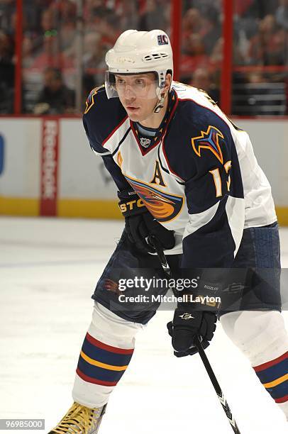 Slava Kozlov of the Atlanta Thrashers looks on during a NHL hockey game against the Washington Capitals on February 5, 2010 at the Verizon Center in...