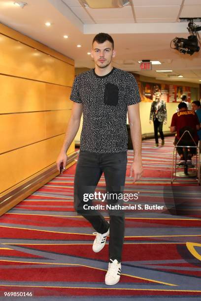Ante Zizic of the Cleveland Cavaliers arrives before Game Four of the 2018 NBA Finals against the Golden State Warriors on June 8, 2018 at Quicken...