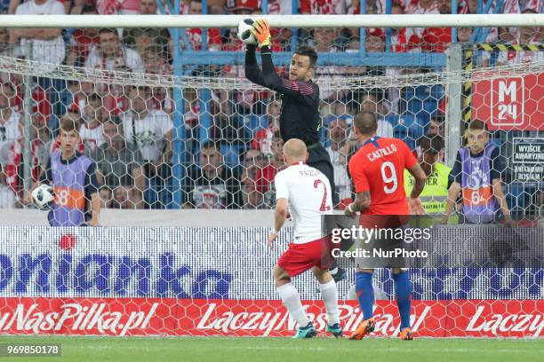 Lukasz Fabianski and Michal Pazdan of Poland compete with Nicolas Castillo of Chile during International Friendly match between Poland and Chile on...