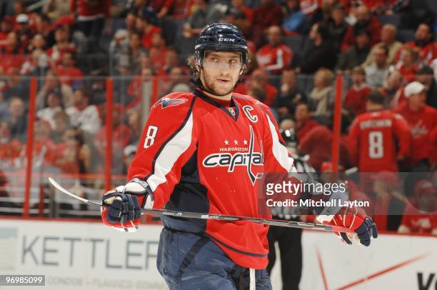 Alex Ovechkin of the Washington Capitals looks on during a NHL hockey game against the Atlanta Thrashers on February 5, 2010 at the Verizon Center in...