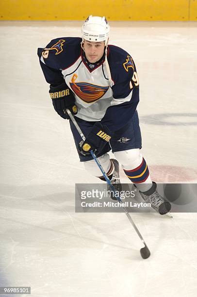 Marty Reasoner of the Atlanta Thrashers skates with the puck during warm ups of a NHL hockey game against the Washington Capitals on February 5, 2010...