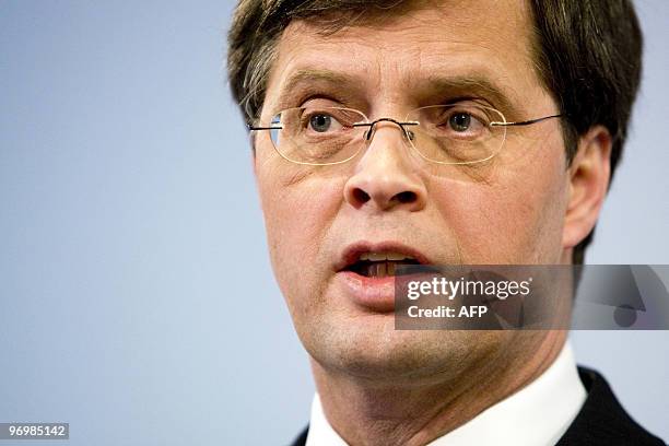 Dutch outgoing Prime Minister Jan Peter Balkenende speaks during a press conference in The Hague on February 23, 2010. Dutch parliamentary elections...