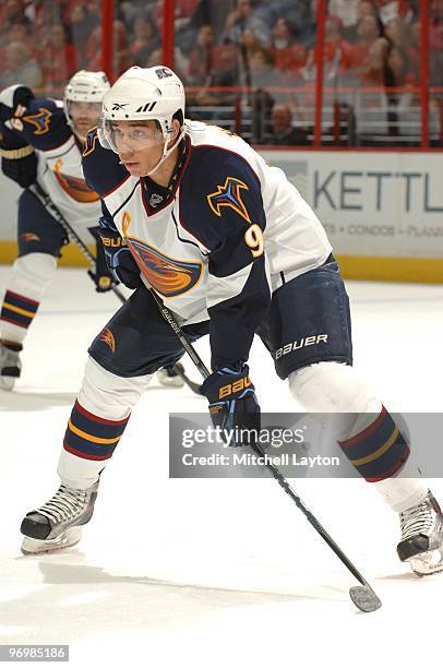 Evander kane of the Atlanta Thrashers looks on during a NHL hockey game against the Washington Capitals on February 5, 2010 at the Verizon Center in...