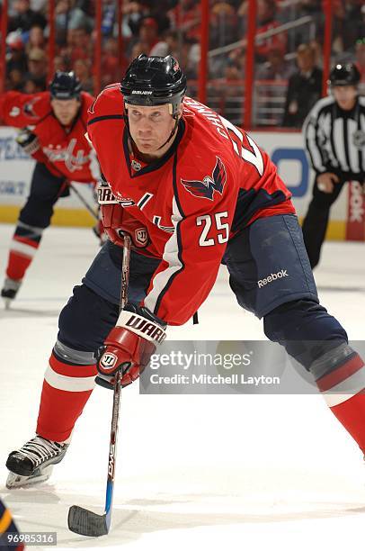 Jason Chimera of the Washington Capitals prepares for a face off during a NHL hockey game against the Atlanta Thrashers on February 5, 2010 at the...