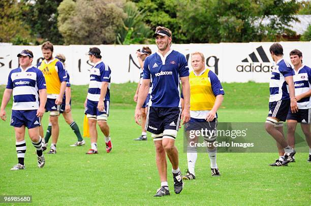 Andries Bekker leads the team off the field during the Stormers training session at the High Performance Centre in Bellville on February 23, 2010 in...