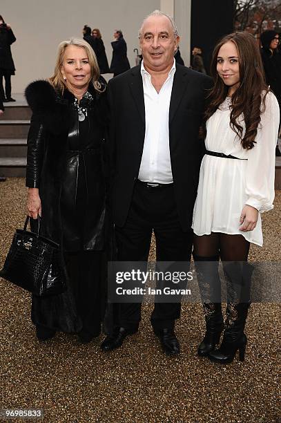 Tina Green, Sir Philip Green and Chloe Green attend the Burberry Prorsum LFW Autumn/Winter 2010 Women�s wear show at the Parade Ground, Chelsea...