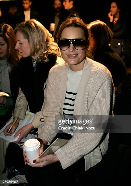 Yasmin Le Bon poses on the front row at the Peter Pilotto show for London Fashion Week Autumn/Winter 2010 at Selfridges on February 23, 2010 in...