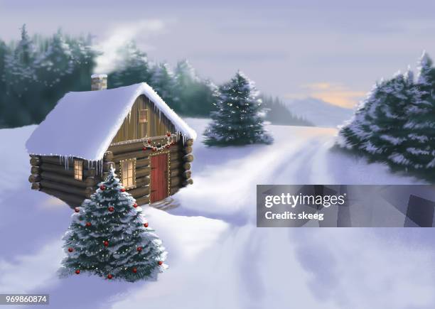 verschneite weihnachten kabine - cabin in the woods stock-grafiken, -clipart, -cartoons und -symbole