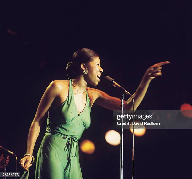 American singer and actress Natalie Cole performs on stage at the Kool Jazz Festival held at the Riverfront Stadium in Cincinatti, Ohio on July 24...