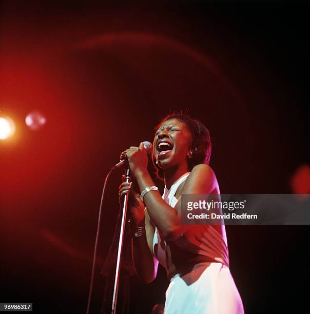 American singer and actress Natalie Cole performs on stage at the New Victoria Theatre in London, England in September 1976.