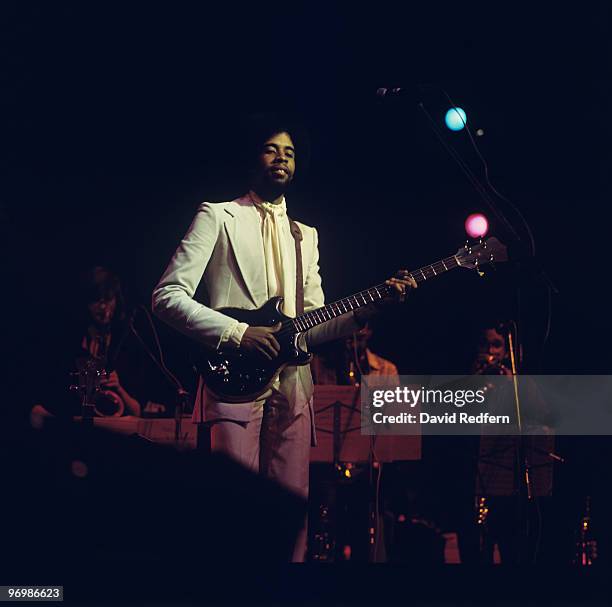 Bassist Stanley Clarke performs on stage at the New Victoria Theatre in London, England in October 1977.