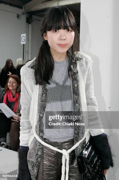Susie Bubble poses on the front row at the Jonathan Saunders show for London Fashion Week Autumn/Winter 2010 at Old Truman Brewery on February 23,...