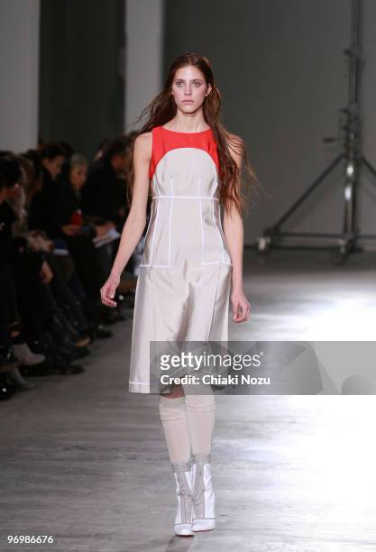 Model walks the runway during the Jonathan Saunders show for London Fashion Week Autumn/Winter 2010 at Old Truman Brewery on February 23, 2010 in...