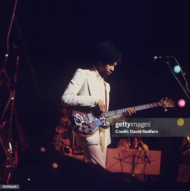 Bassist Stanley Clarke performs on stage at the New Victoria Theatre in London, England in October 1977.