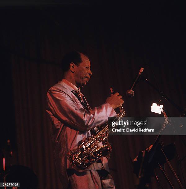 Saxophonist Ornette Coleman performs on stage at the New Orleans Jazz and Heritage Festival in New Orleans, Louisiana on May 05, 1990.