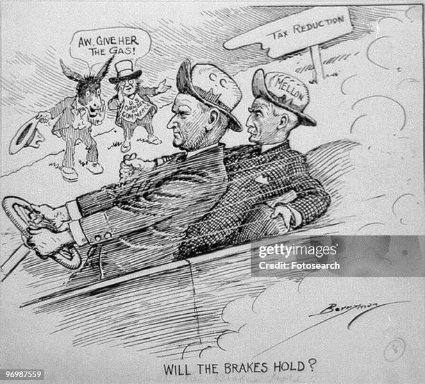 Political cartoon showing President Calvin Coolidge riding in a car with Treasury Secretary Andrew Mellon , two figures on the roadside exhort them...