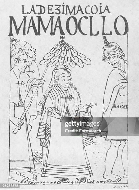 La Decima Coya, Mama Ocllo, an Incan empress, is shown walking among a group, with women behind and a man in front, ca.1600s. From Peruvian...