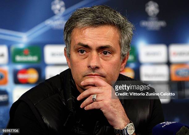 Internazionale Milano coach Jose Mourinho attends a press conference on the eve of the UEFA Champions League football match FC Internazionale Milano...