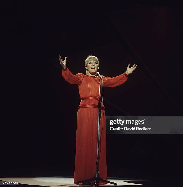 English singer and actress Petula Clark performs on a BBC television show at Television Centre in London in March 1973.