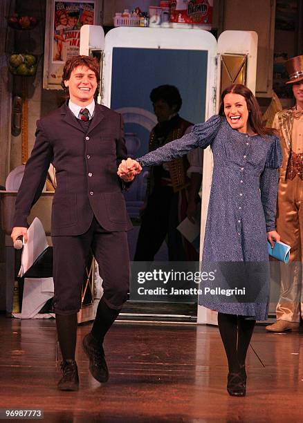 Jonathan Groff and Lea Michelle from Spring Awakening, attend the Light the Lights Broadway is Back! Concert at the Marquis Theatre on November 30,...