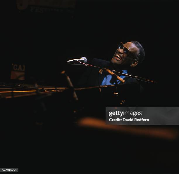 American singer, songwriter and pianist Ray Charles performs live on stage at the Capital Jazz Festival at Knebworth Park near Stevenage, England on...