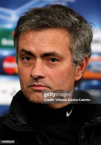 Internazionale Milano coach Jose Mourinho attends a press conference on the eve of the UEFA Champions League football match FC Internazionale Milano...