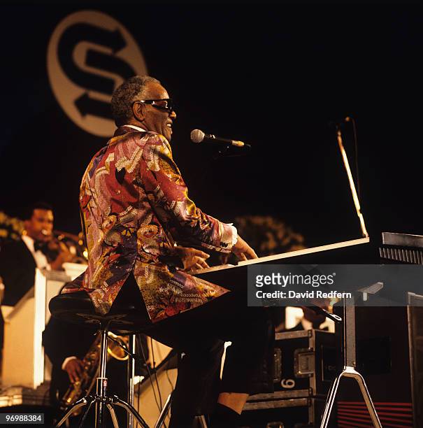American singer, songwriter and pianist Ray Charles performs live on stage at the Jazz a Juan Festival in Antibes, France on 19th July 1990.