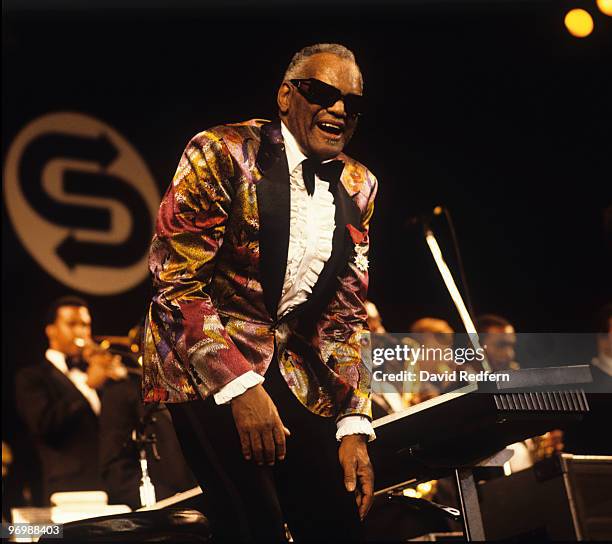 American singer, songwriter and pianist Ray Charles performs live on stage at the Jazz a Juan Festival in Antibes, France on 19th July 1990.