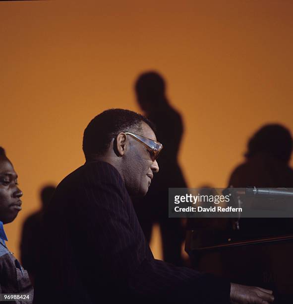 American singer, songwriter and pianist Ray Charles performs on stage during the 'Duke Ellington...We Love You Madly' tribute show at The Shubert...