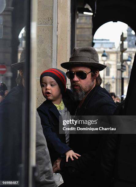 Brad Pitt and daughter Shiloh Jolie-Pitt go shopping at Bonpoint shop in Paris on February 23, 2010 in Paris, France.