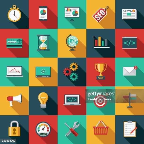 illustrations, cliparts, dessins animés et icônes de search engine optimization (seo) design plat icon set - longue ombre ombre