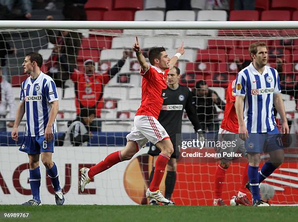 Javi Garcia of Benfica celebrates after scoring his team's third goal during the UEFA Europa League knock-out round, second leg match between SL...
