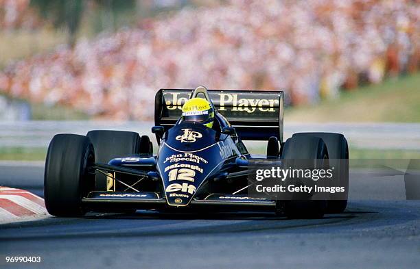 Ayrton Senna from Brazil drives the John Player Special Team Lotus-Renault 98T during the Hungarian Grand Prix on 10th August 1986 at the Hungaroring...