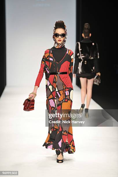 Model walks the runway at the Issa London show for London Fashion Week Autumn/Winter 2010 at Somerset House on February 23, 2010 in London, England.