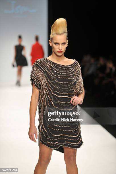 Alice Dellal walks the runway at the Issa London show for London Fashion Week Autumn/Winter 2010 at Somerset House on February 23, 2010 in London,...